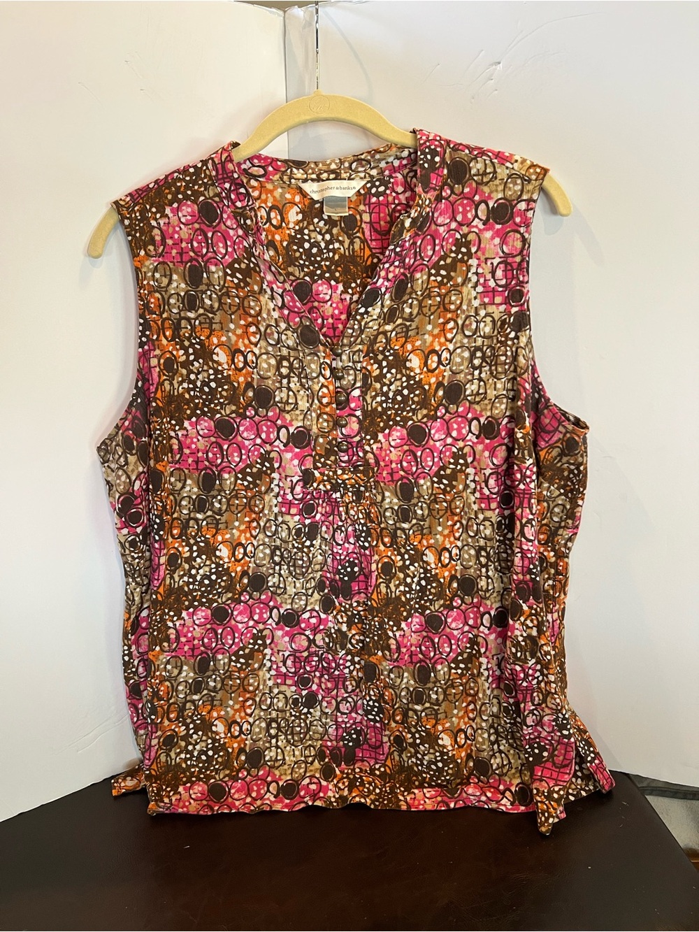 Christopher & Banks Pink Brown Orange Sleeveless V-Neck Print Top